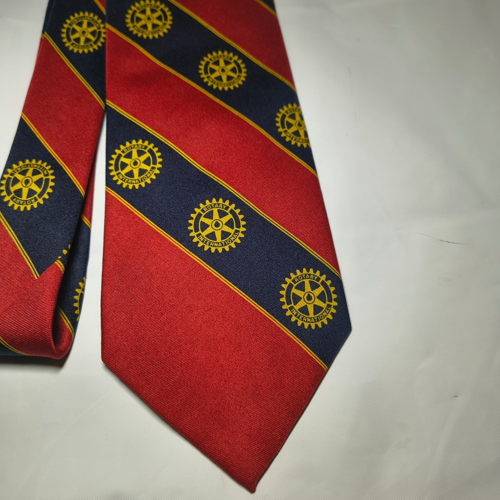 Russell-Hampton Rotary International Mens Tie Red Navy Blue Striped Logo Silk